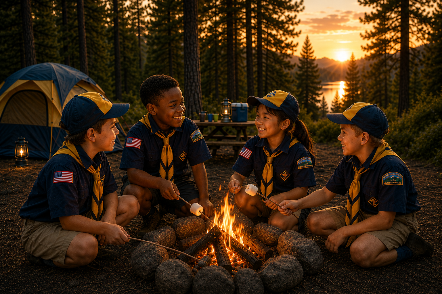 Cub Scouts gathered around a campfire at sunset